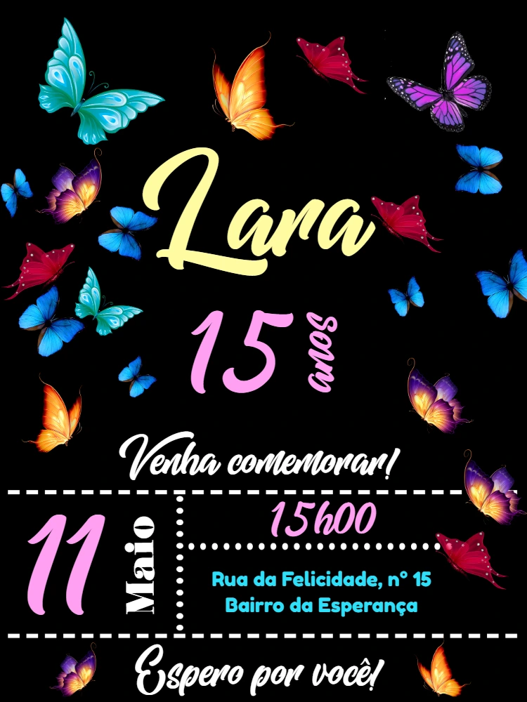 Convite de Aniversário Borboletas Neon para Editar Online