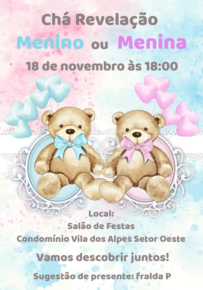 Convite Chá Revelação Ursinhos Aquarela para Editar Online