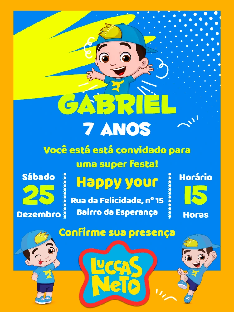 Convite de Aniversário Luccas Neto para Editar Online