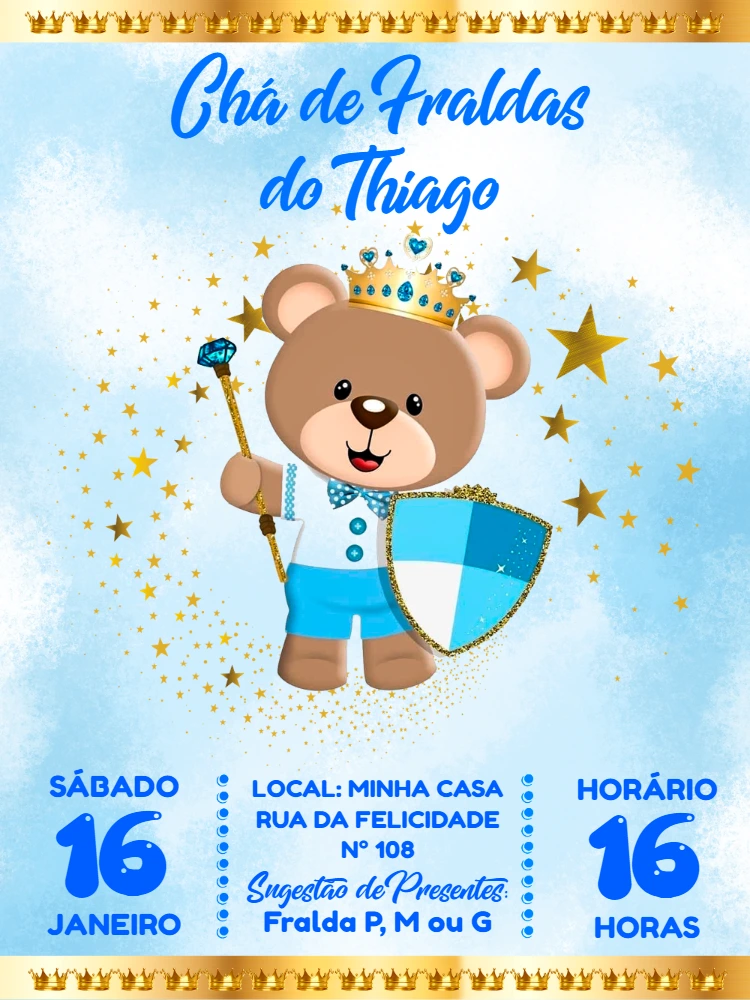Convite Chá de Fraldas Príncipe Ursinho para Editar Online