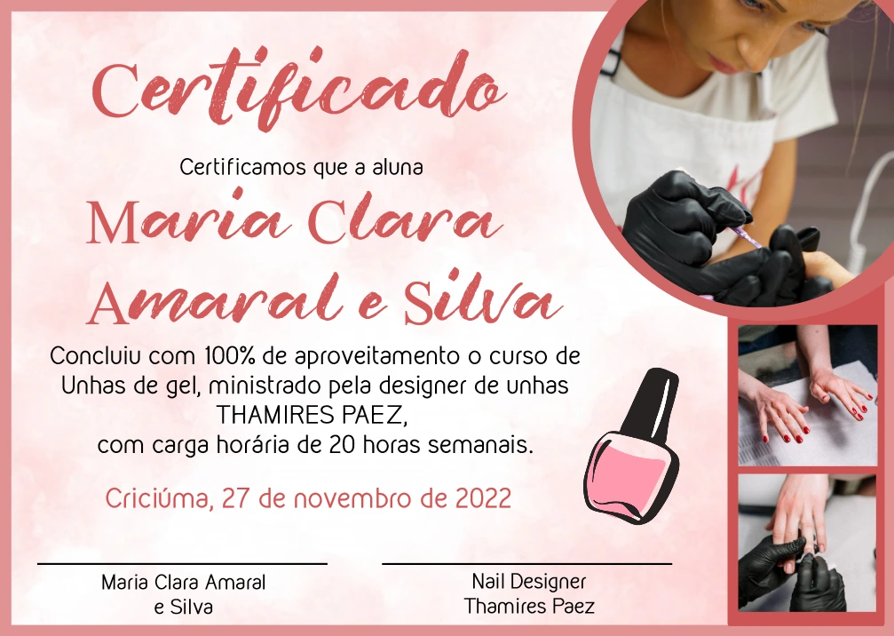 Certificado de Manicure com Foto para Editar Online
