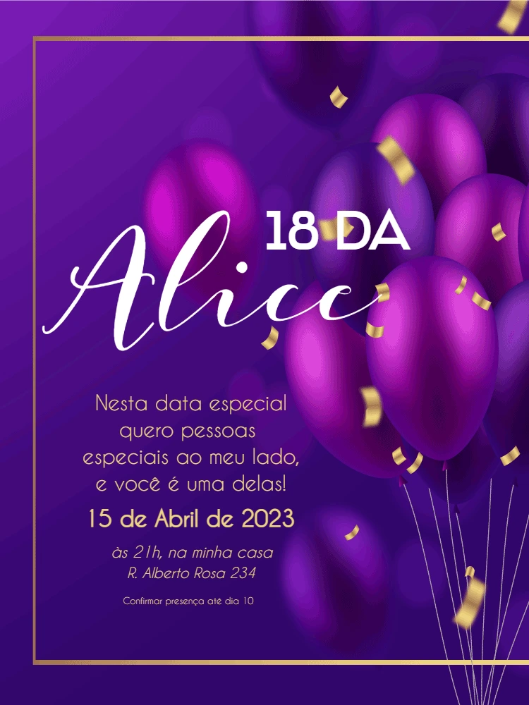 Convite de Aniversário Roxo com Balões Dourados para Editar