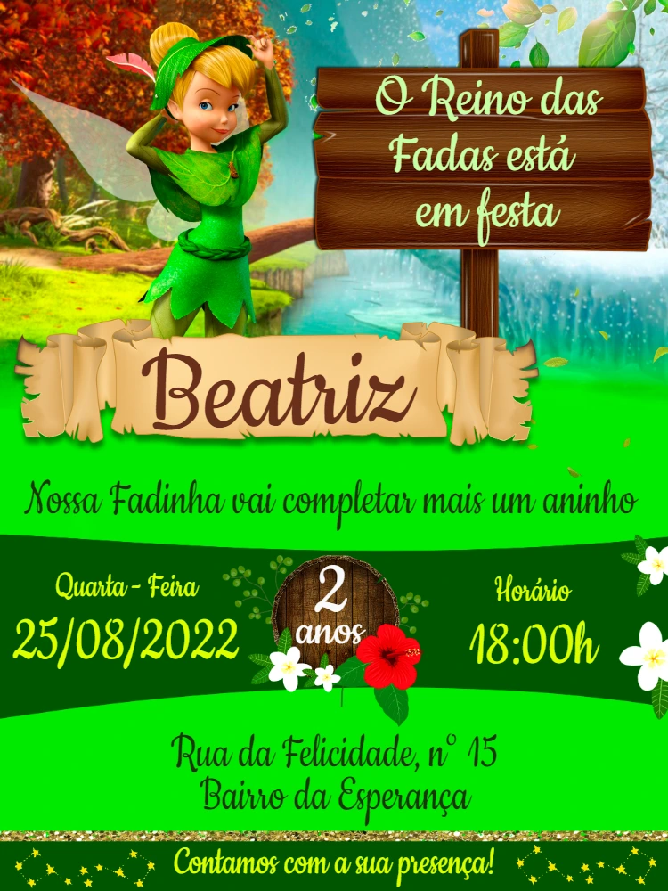 Convite Aniversário Tinker Bell Sininho para Editar Online