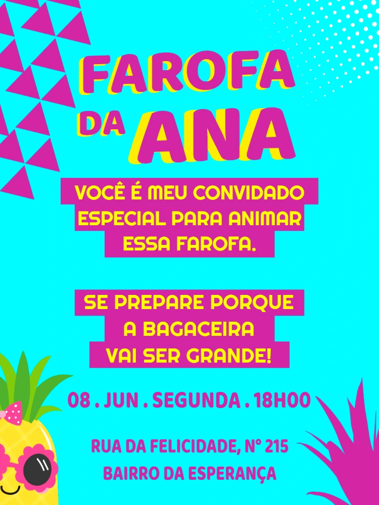 Convite Festa Farofa Tropical Colorido para Editar Online