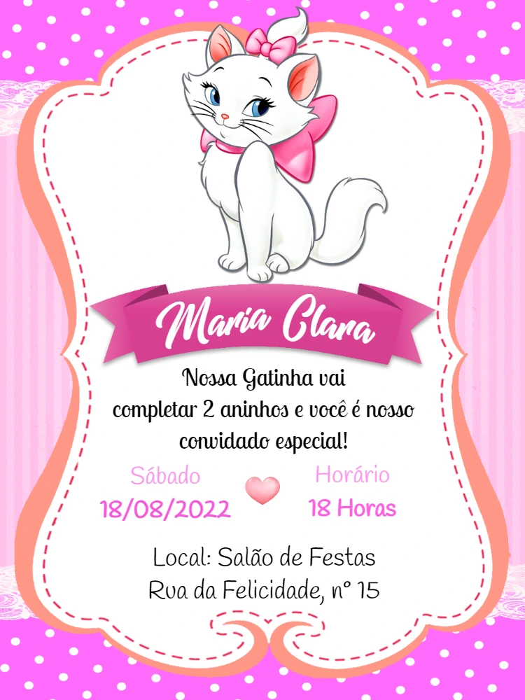 Convite de Aniversário Gata Marie para Editar Online