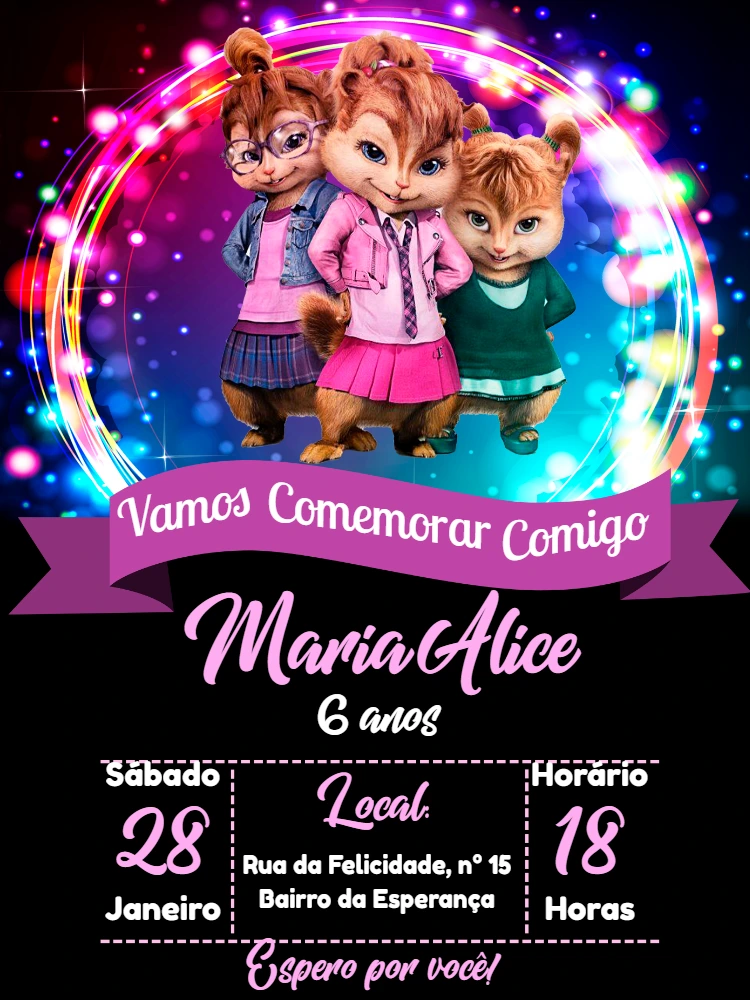 Convite de Aniversário das Esquiletes Editável Online