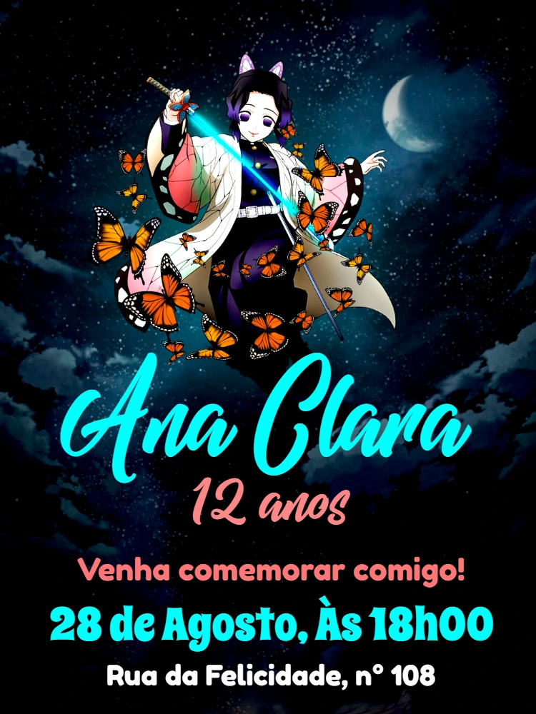 Convite Aniversário Demon Slayer Shinobu para Editar Online