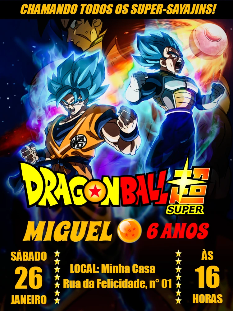 Convite Aniversário Dragon Ball Super com Goku e Vegeta para Editar