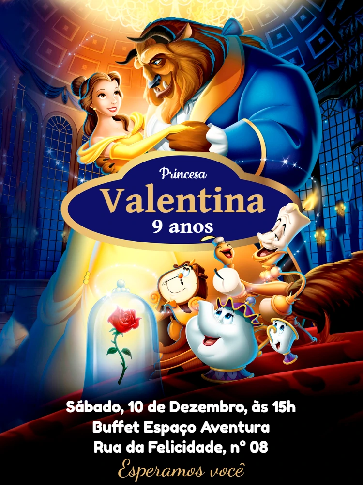 Convite Aniversário A Bela e a Fera com Personagens para Editar