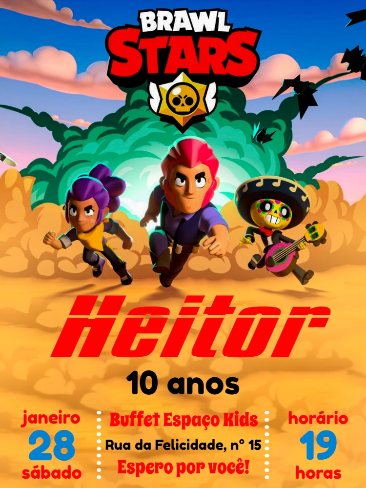 Convite Aniversário Brawl Stars com Personagens para Editar Online