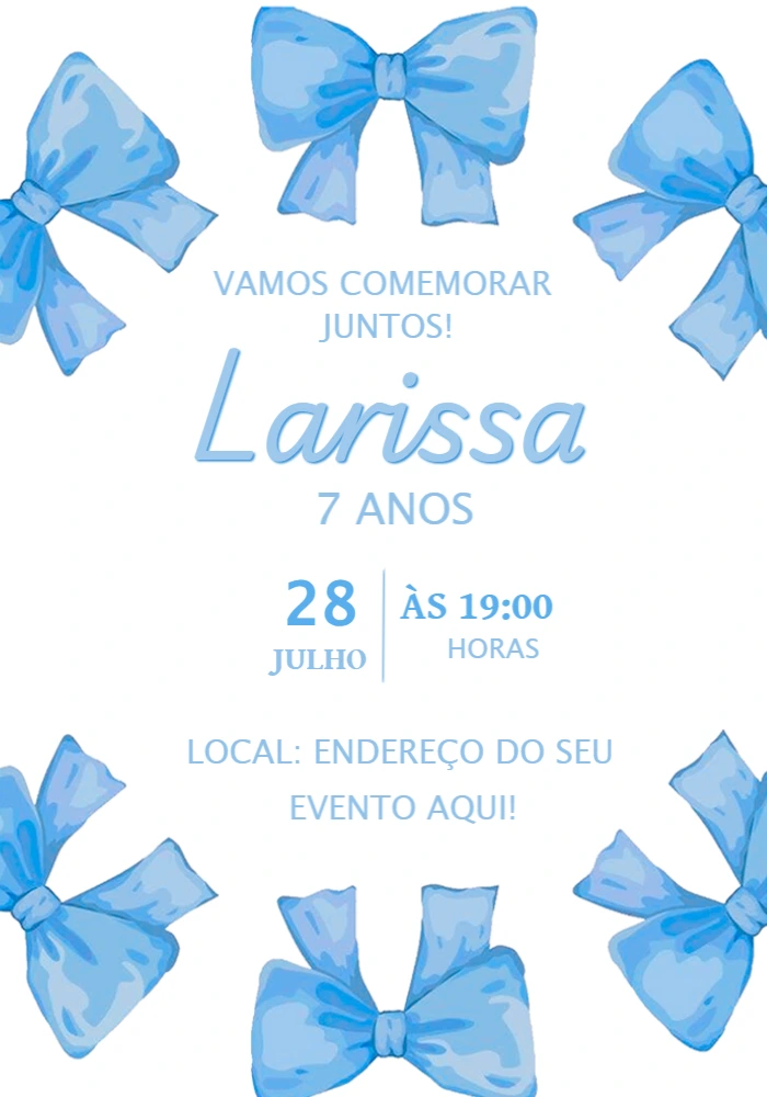 Convite de Aniversário Laços Azul para Editar Online