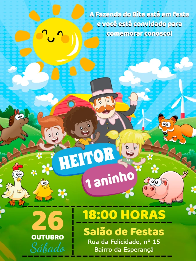 Convite Aniversário Fazendinha do Bita para Editar Online