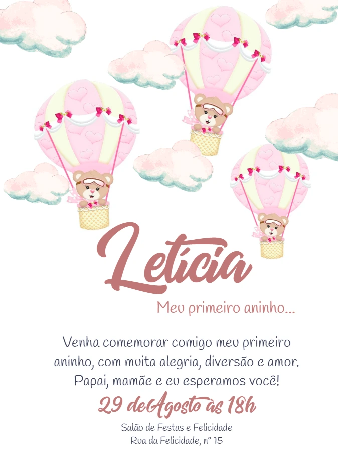 Convite de Aniversário Ursinha Baloeira para Editar Online