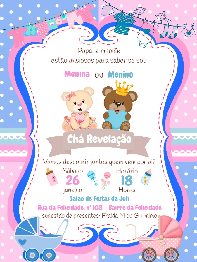 Convite Chá Revelação Ursinhos Realeza para Editar Online