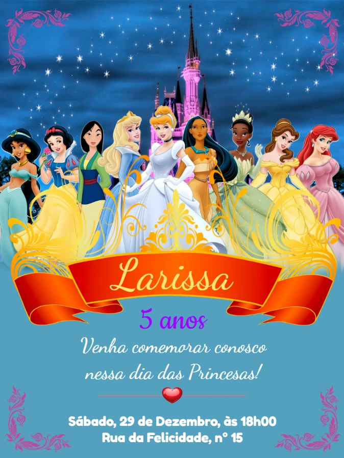 Convite de Aniversário Princesas Disney para Editar Online