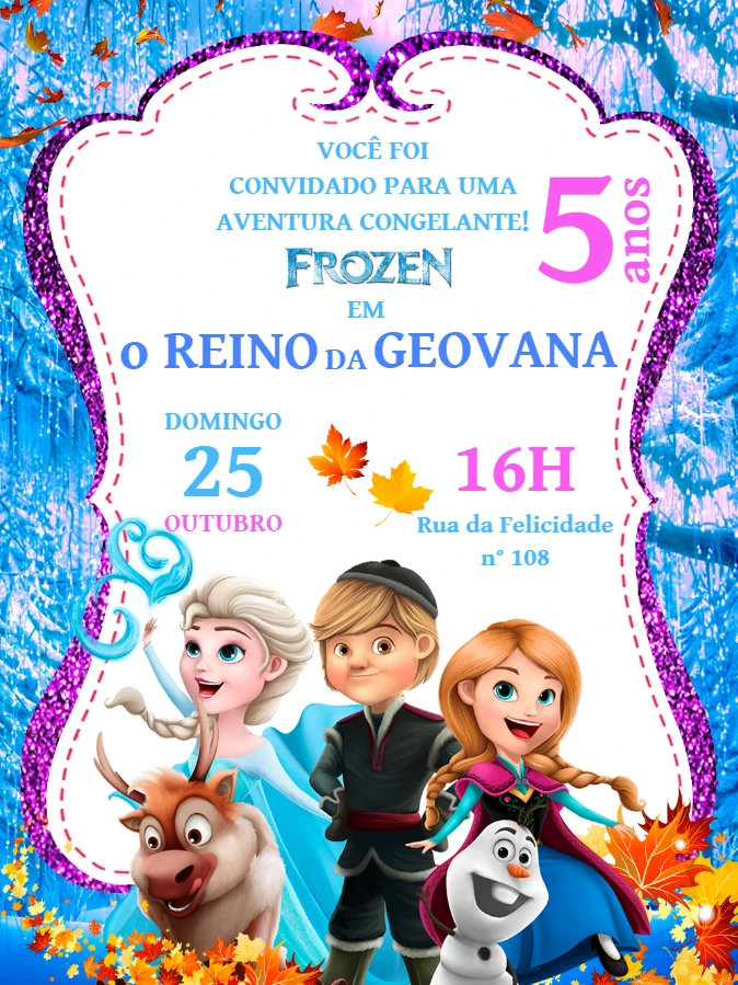 Convite de Aniversário Frozen com Personagens para Editar Online