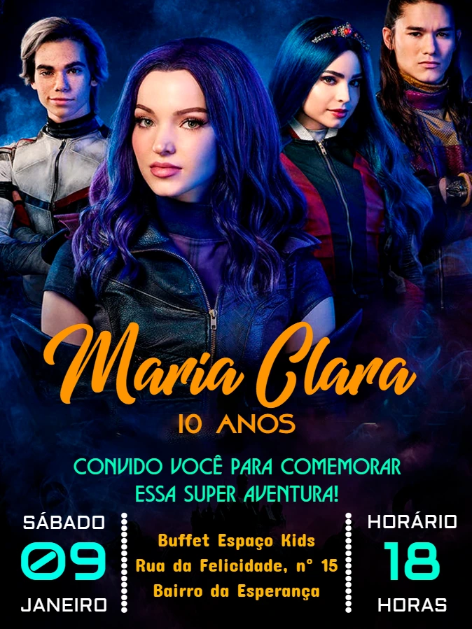 Convite Aniversário Descendentes com Personagens para Editar