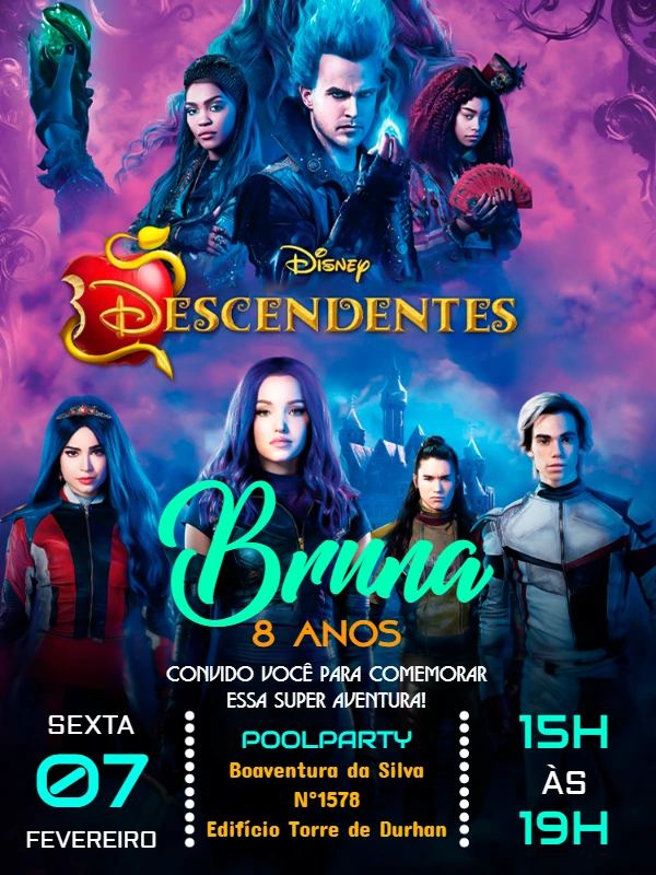 Convite Aniversário Descendentes com Personagens para Editar Online