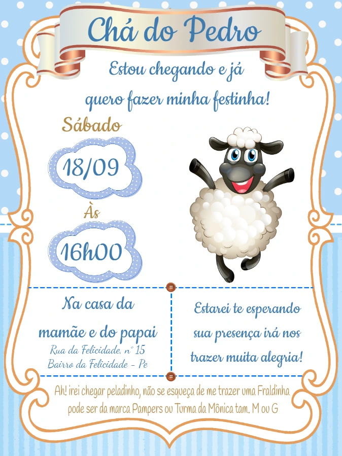 Convite Chá de Fraldas Ovelha Azul para Editar Online