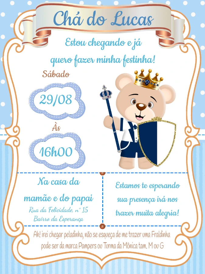 Convite Chá de Fraldas Ursinho Príncipe para Editar Online