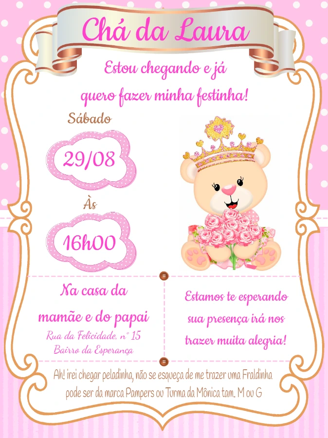 Convite Chá de Fraldas Ursinha Princesa para Editar Online