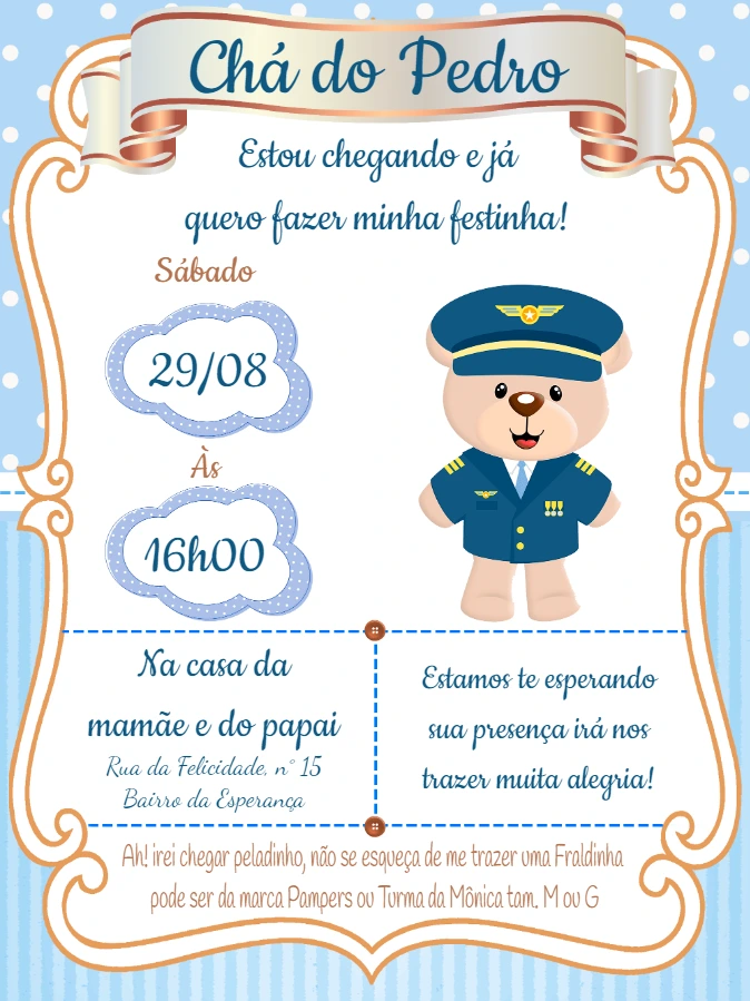 Convite Chá de Fraldas Ursinho Aviador para Editar Online