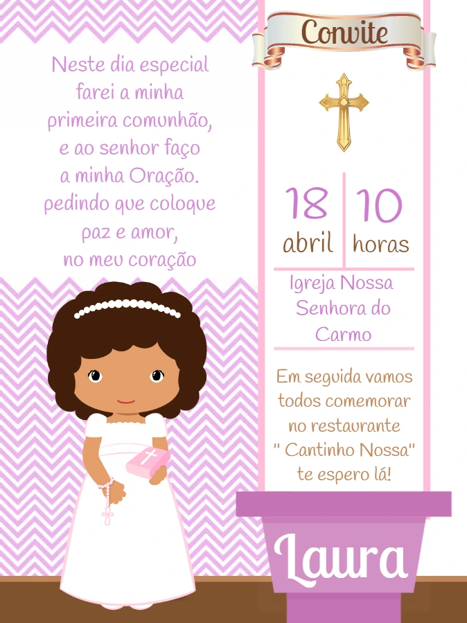 Convite Primeira Comunhão Menina Morena para Editar Online