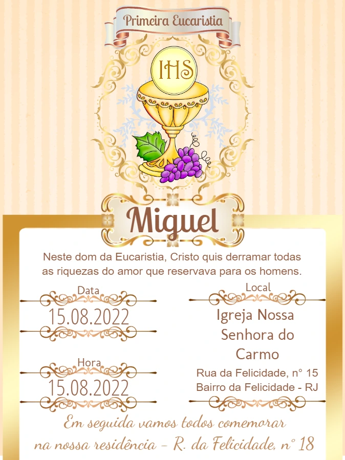 Convite Primeira Eucaristia Dourado para Editar Online
