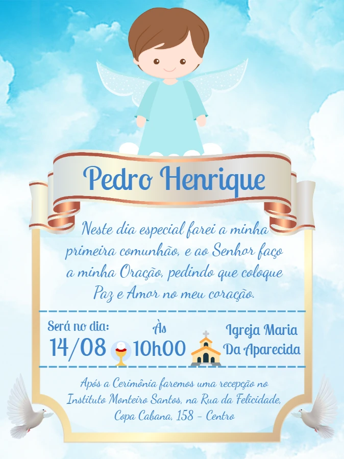 Convite Primeira Comunhão Menino Anjo para Editar Online