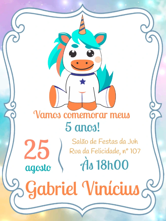 Convite de Aniversário Unicórnio Fofo para Editar Online
