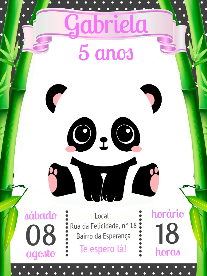 Convite de Aniversário Panda Menina para Editar Online