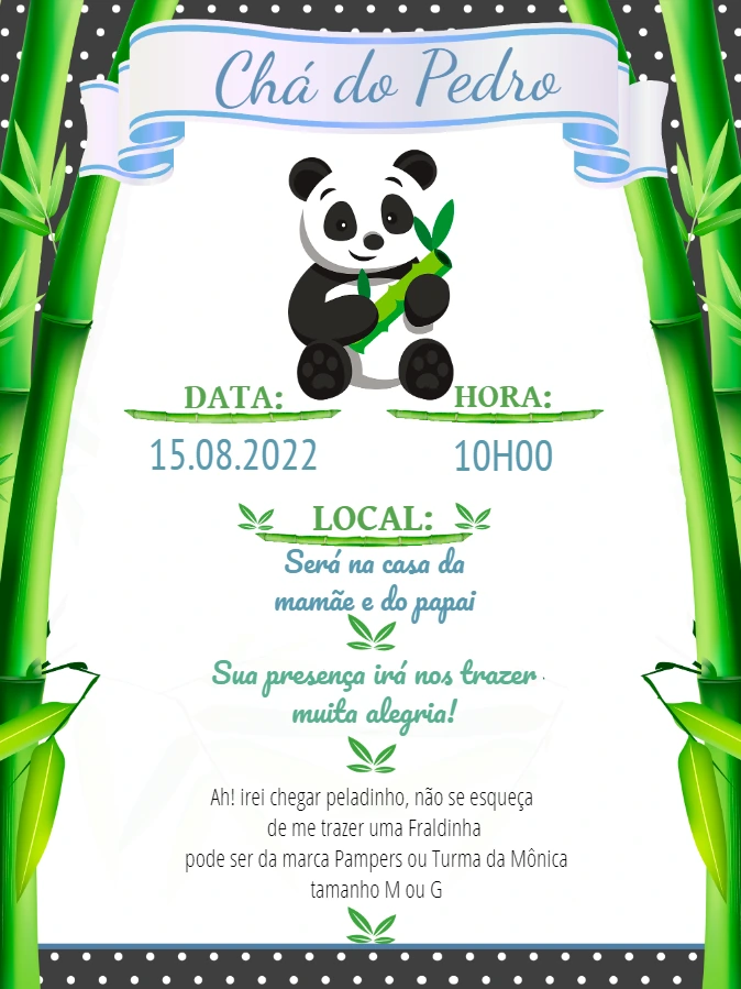 Convite Chá de Fraldas Panda Fofo para Editar Online