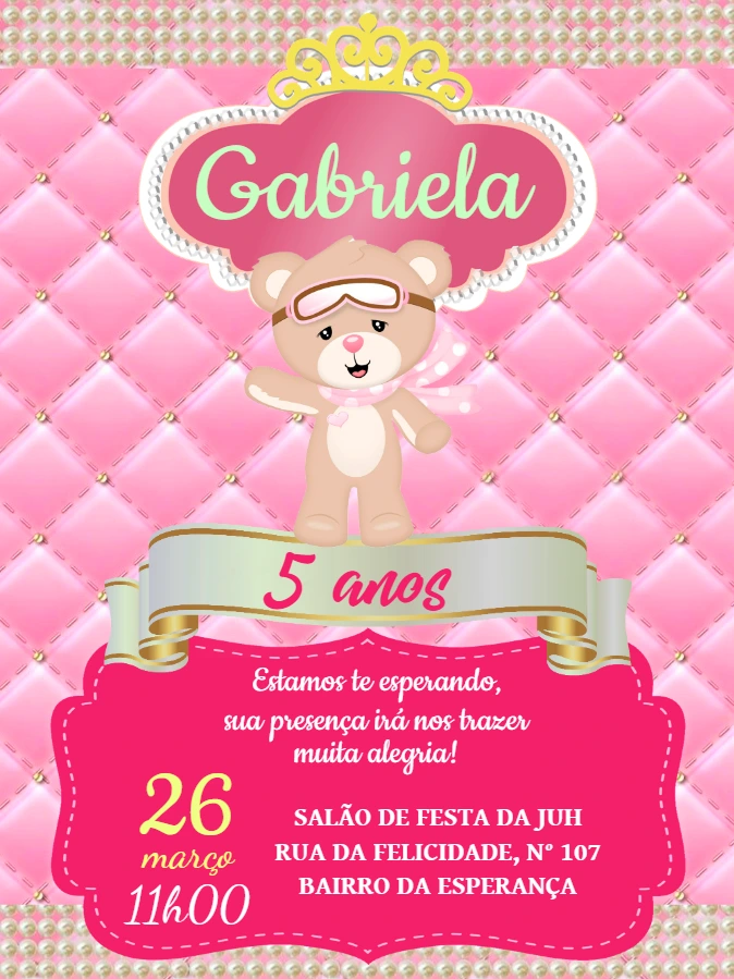 Convite Aniversário Ursinha Princesa para Editar Online