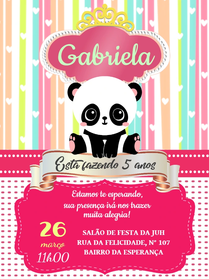 Convite Aniversário Panda Princesa para Editar Online