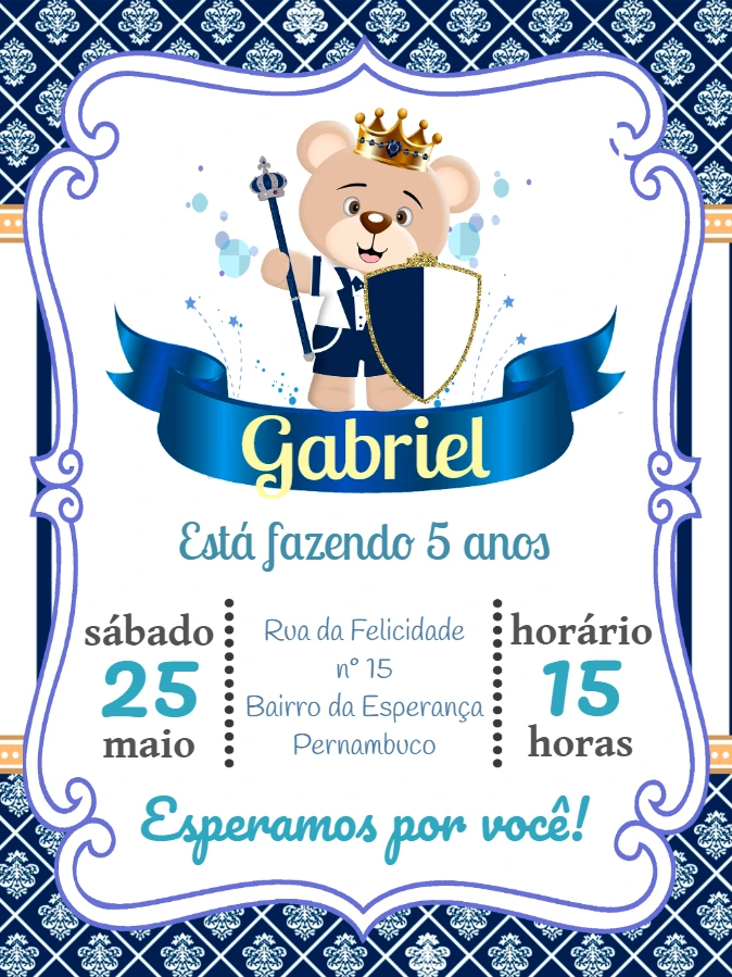 Convite de Aniversário Ursinho Príncipe para Editar Online