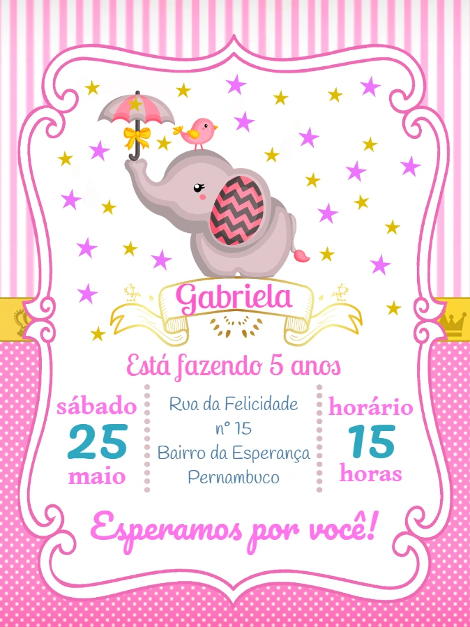 Convite Aniversário Elefantinha Rosa para Editar Online