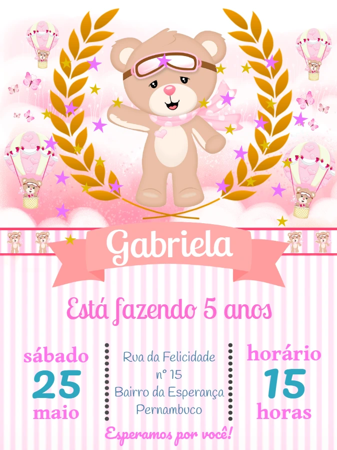 Convite Aniversário Ursinha Baloeira para Editar Online