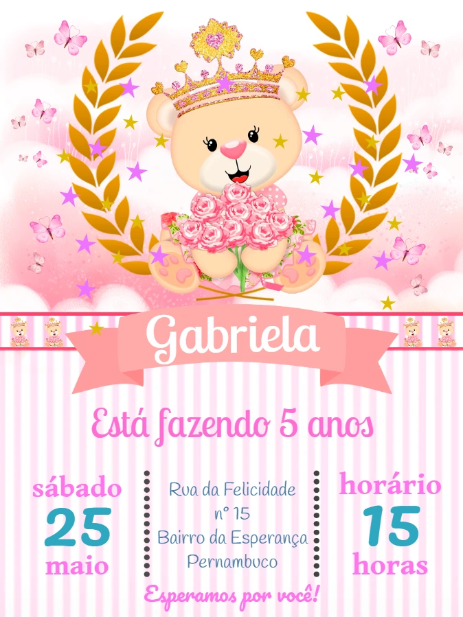 Convite Aniversário Ursinha Princesa para Editar Online