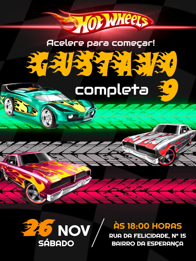 Convite de Aniversário Hot Wheels com Carros para Editar Online