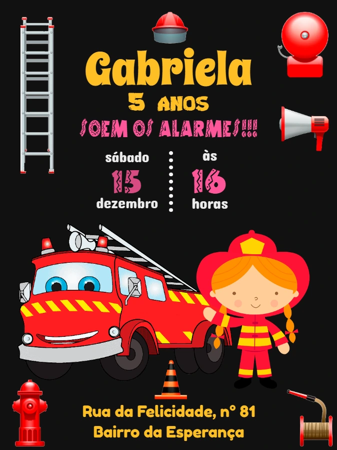 Convite Aniversário Bombeiro Menina para Editar Online