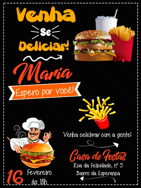 Convite de Aniversário Tema Hambúrguer para Editar Online