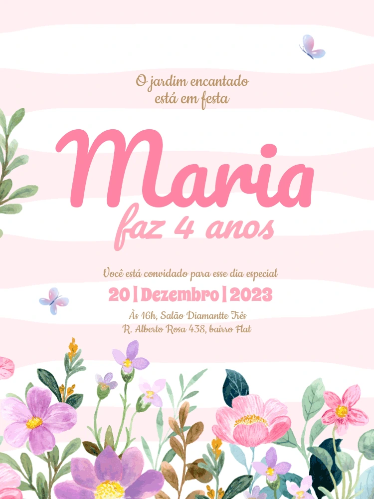 Convite Aniversário Jardim Encantado Floral para Editar Online