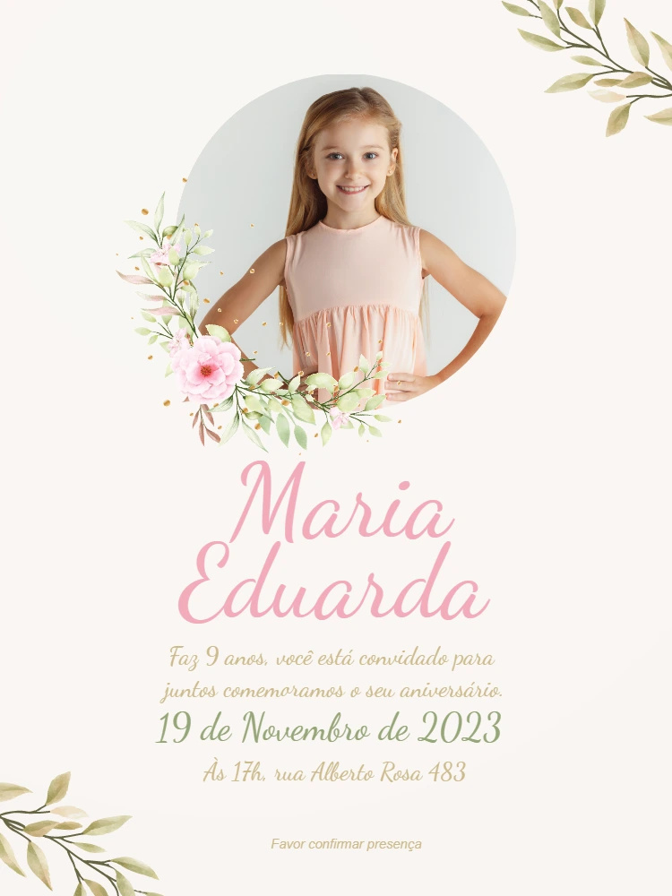 Convite de Aniversário Floral com Foto para Editar