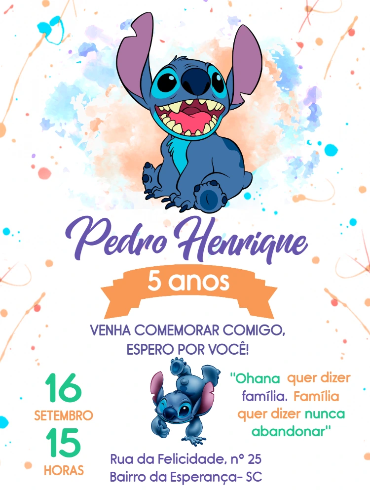 Convite de Aniversário Stitch para Editar e Personalizar Online