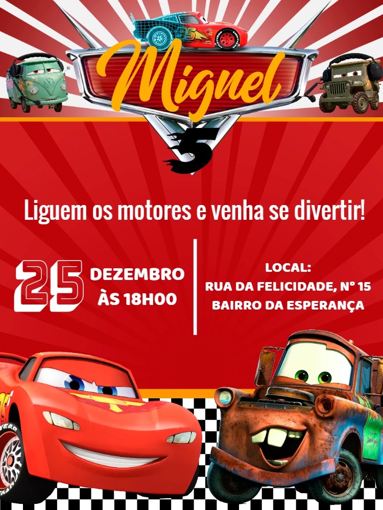 Convite Aniversário Carros do Relâmpago McQueen para Editar