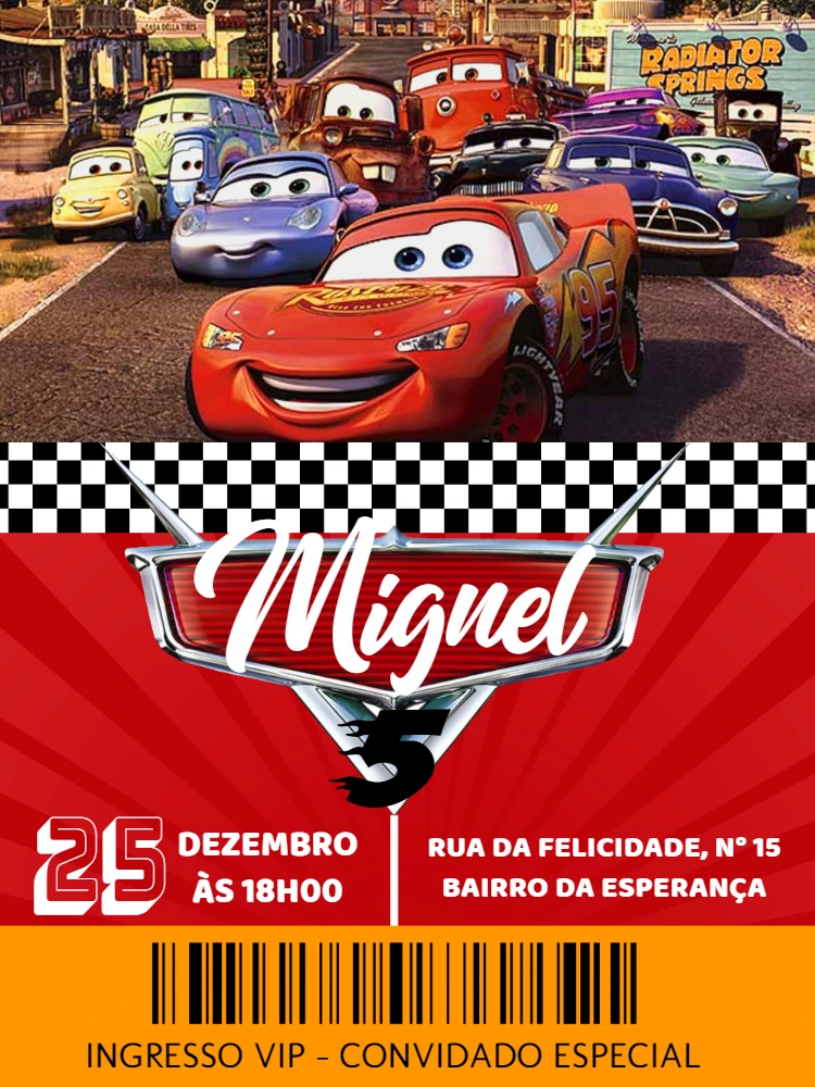 Convite de Aniversário Carros com Relâmpago McQueen para Editar