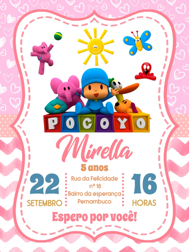 Convite Aniversário Pocoyo Rosa para Editar Online