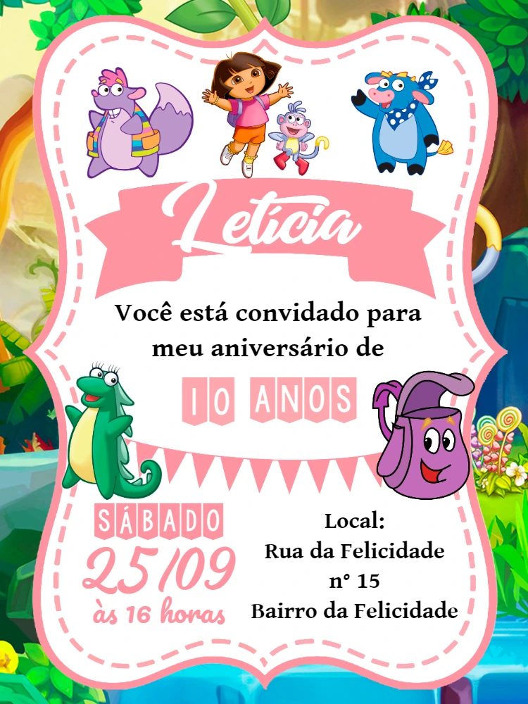 Convite Aniversário Dora Aventureira Editável Online