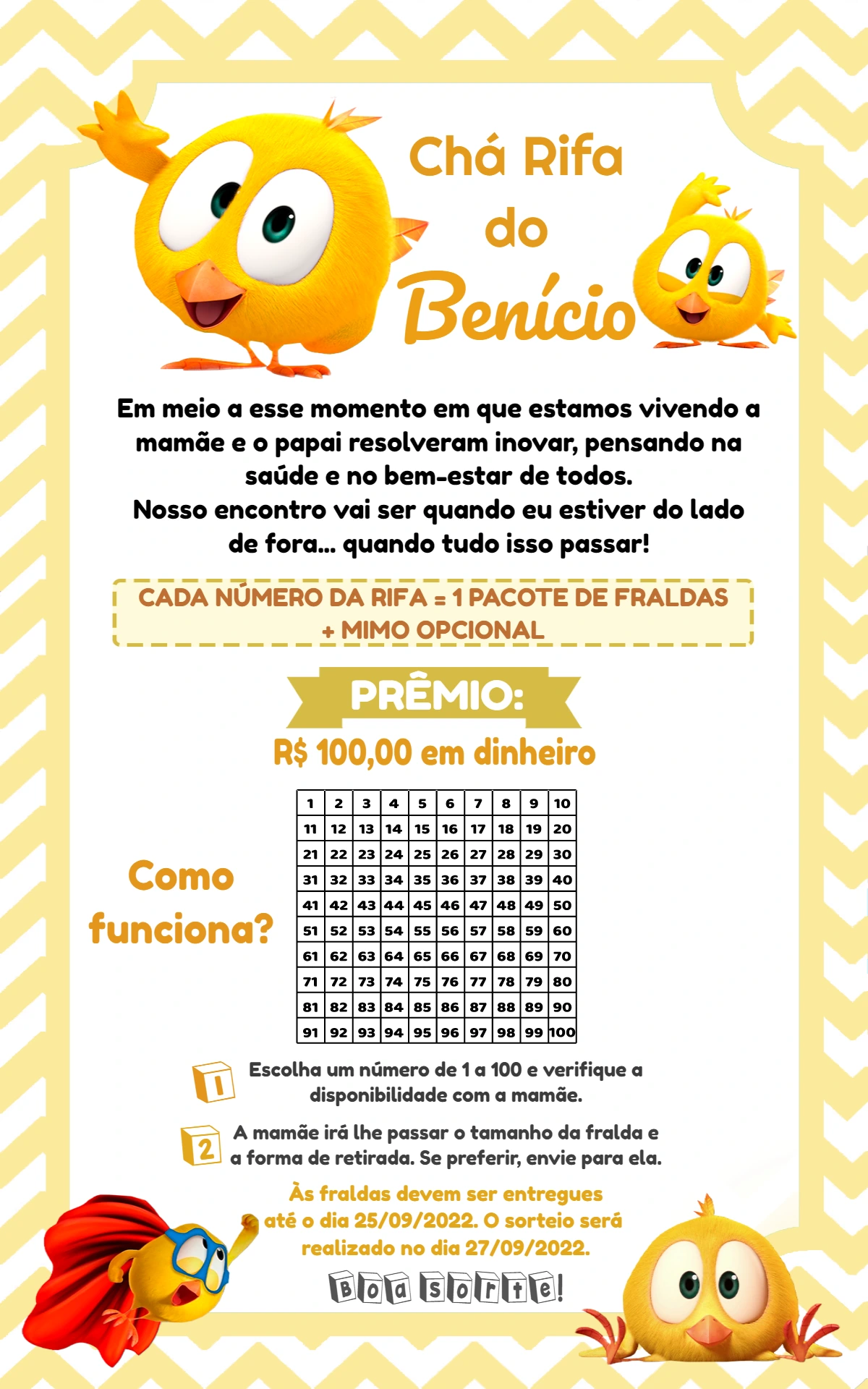 Convite Chá Rifa Pintinhos Amarelos para Editar Online