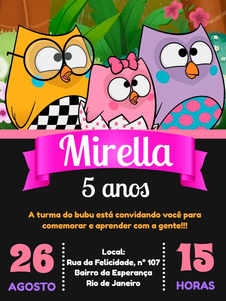 Convite de Aniversário Bubu e as Corujinhas para Editar